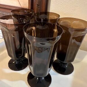 5 Lenox Antique Brown Paneled Wafer Stem Footed Ice Tea or Water Glasses FIRM $